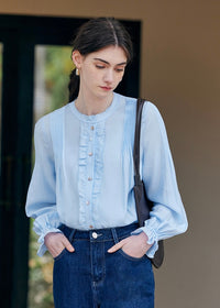 Cloudlight Pin Tuck Blouse | Vintage Blue Long Sleeve Ruffle Shirt