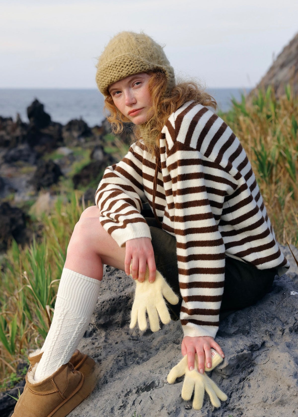 Brown Striped Tie-Front Knit Sweater