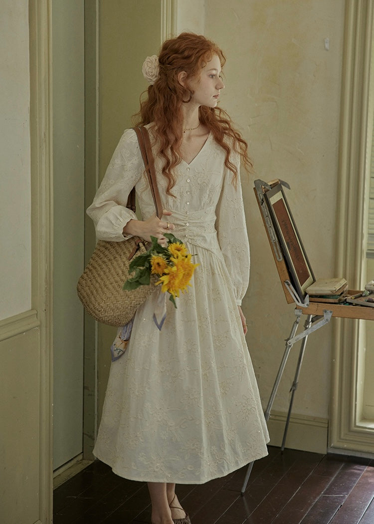 Cream Beige Vintage Ruched Waist Embroidered Dress