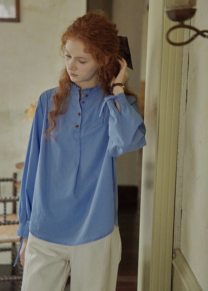 Vintage Blue Stand Collar Long Sleeve Blouse