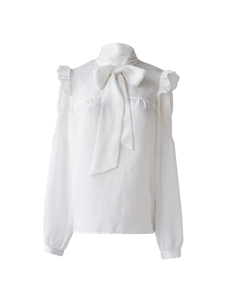 Romantic Vintage Bow Tie White Puff Sleeve Blouse