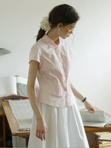 April Tuck Blouse | Vintage Pink Short Sleeve Shirt with Pintuck Detail