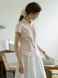 April Tuck Blouse | Vintage Pink Short Sleeve Shirt with Pintuck Detail
