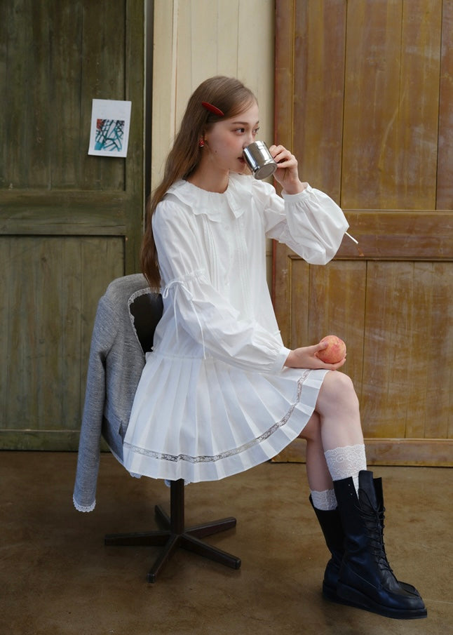 White Vintage Doll Collar Ruffle Pintuck Mini Dress