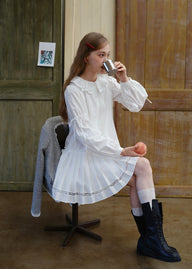White Vintage Doll Collar Ruffle Pintuck Mini Dress