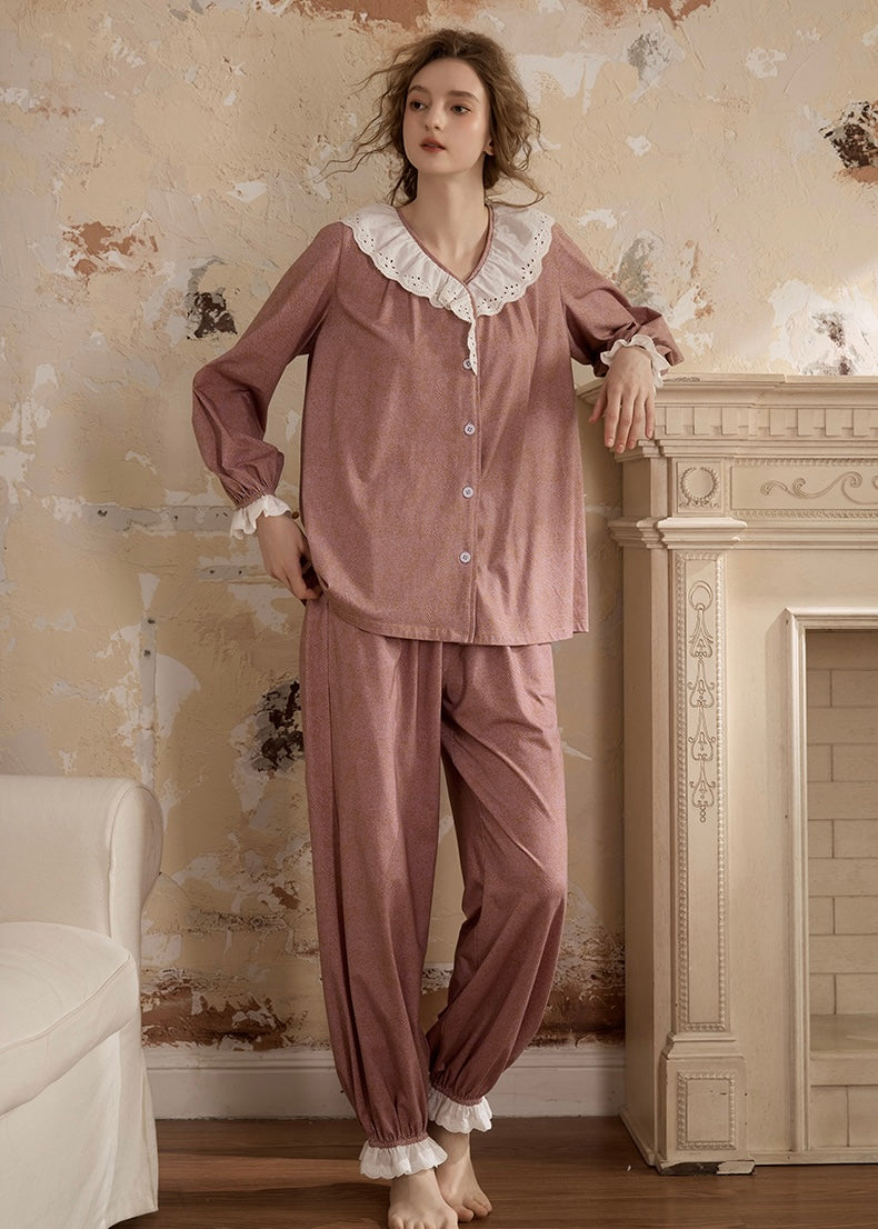 Vintage Pink Lace Collar Long Sleeve Women's Pajama Set