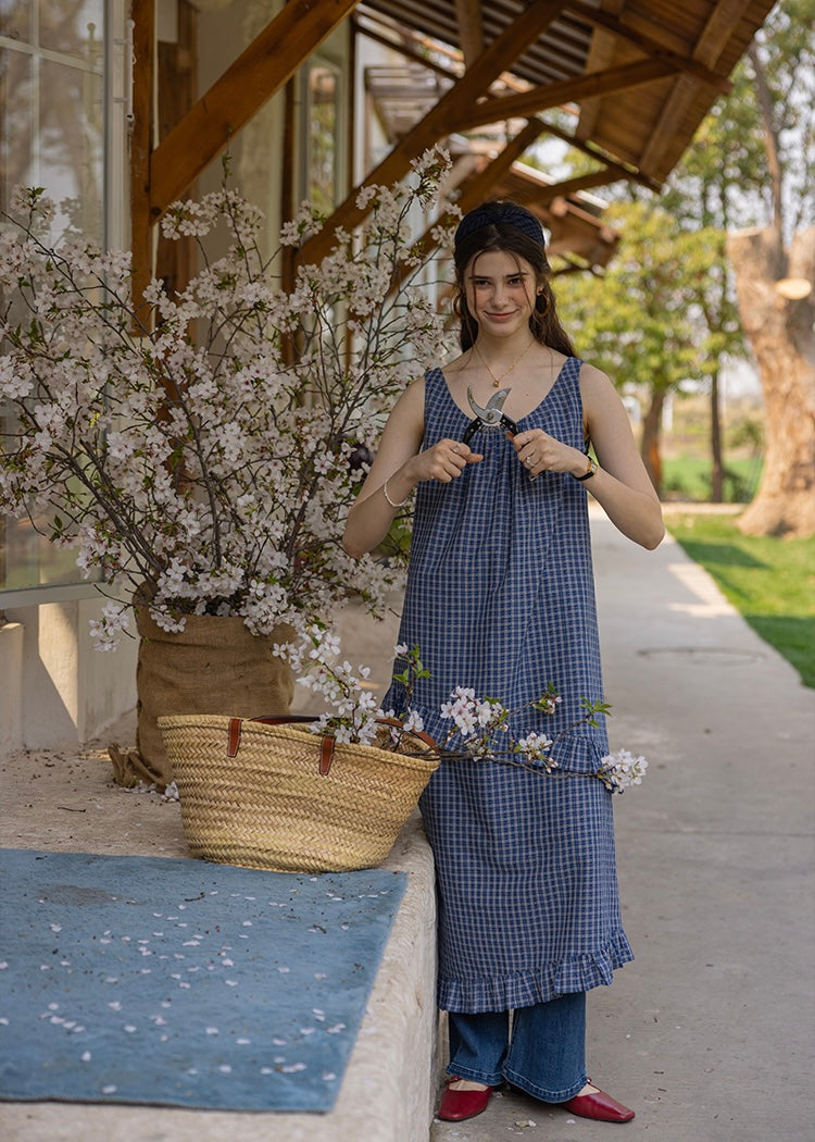 Lazy Afternoon Check Dress | Ruffled Gingham Cotton Sleeveless Dress(2COLOR)