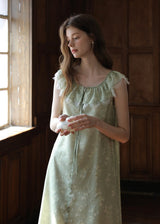 Sage Ruffle Lace Trim Sleeveless Long Dress