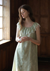 Sage Ruffle Lace Trim Sleeveless Long Dress
