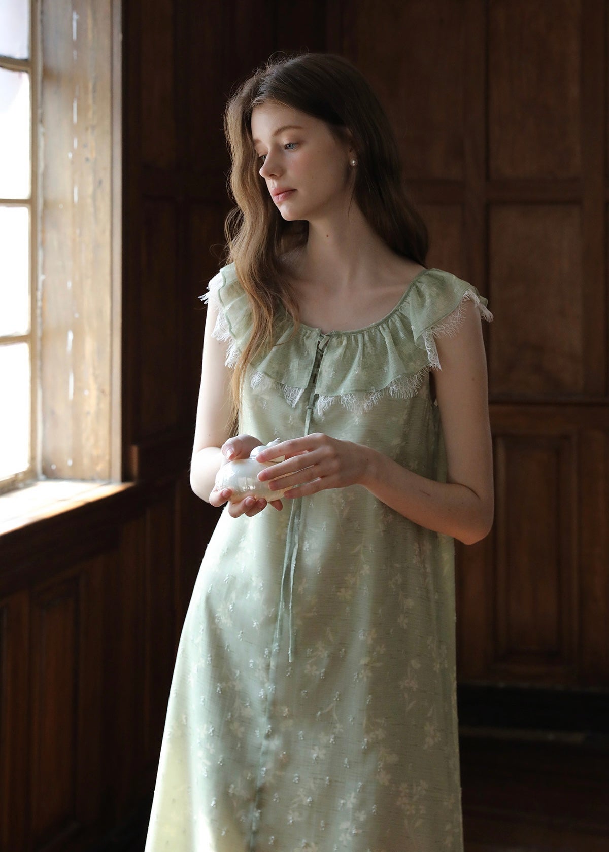 Sage Ruffle Lace Trim Sleeveless Long Dress