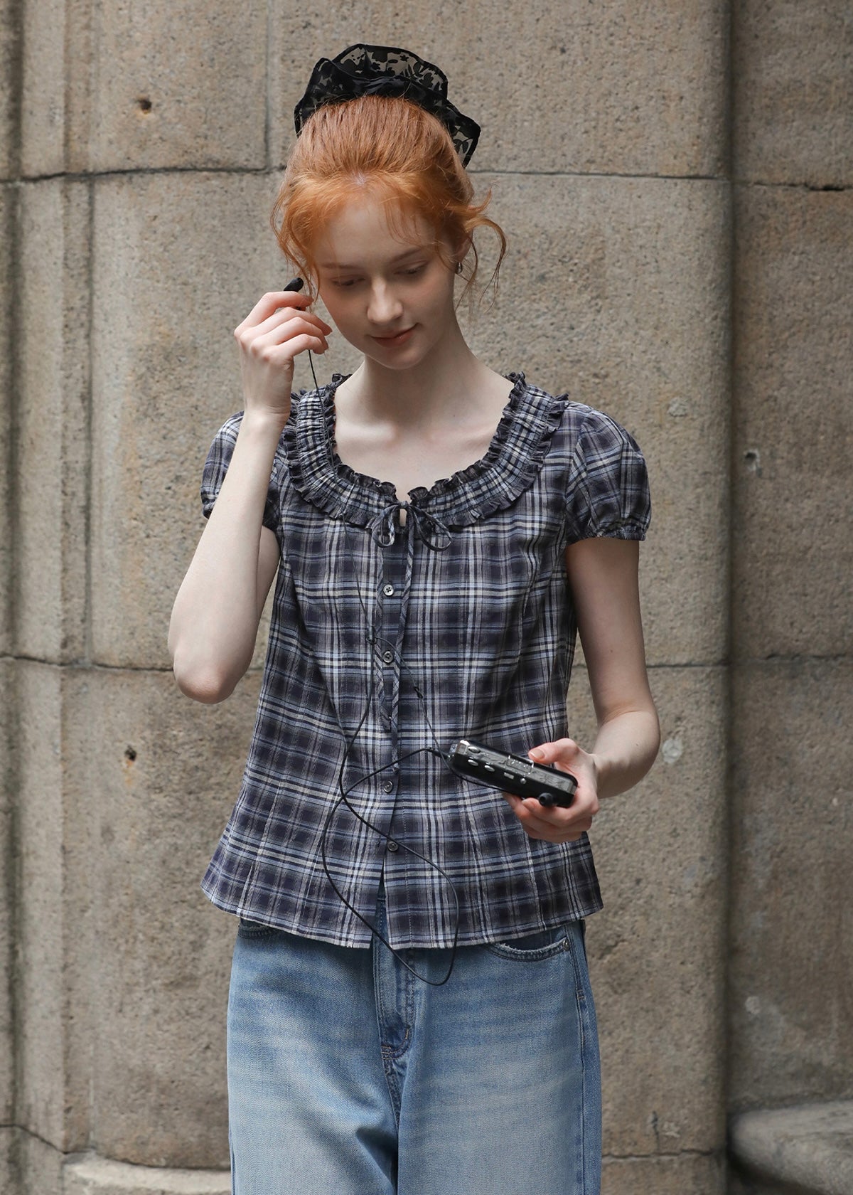 Vienna Plaid Ruffle Blouse | Vintage Puff Sleeve Check Top