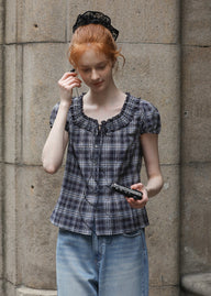 Vienna Plaid Ruffle Blouse | Vintage Puff Sleeve Check Top