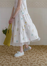 Field Whispers White Embroidered Halter Neck Dress