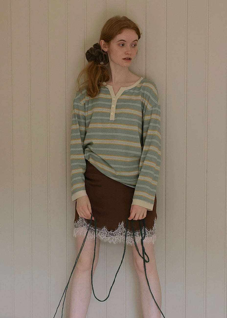 Vintage Stripe Henley Long Sleeve Knit Top