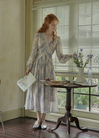 Ash Mist Blue Vintage Print Long Sleeve Dress