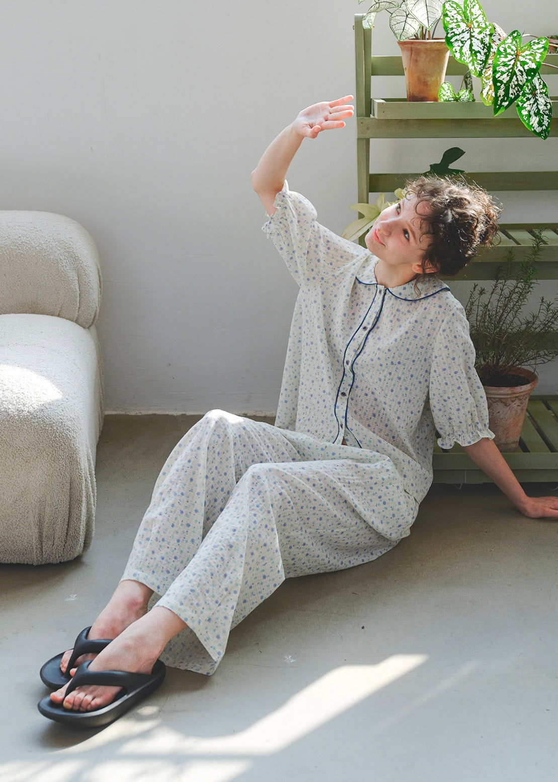 Blue Calm Cotton Pajama Set Floral Piping Collar Loose Lounge Set