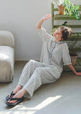 Blue Calm Cotton Pajama Set Floral Piping Collar Loose Lounge Set