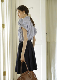 Celeste Stripe Frill Blouse | Blue Ruffle Neck Sleeveless Summer Top