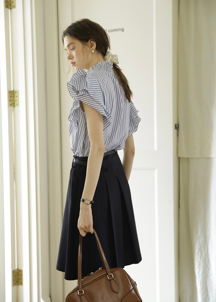 Celeste Stripe Frill Blouse | Blue Ruffle Neck Sleeveless Summer Top