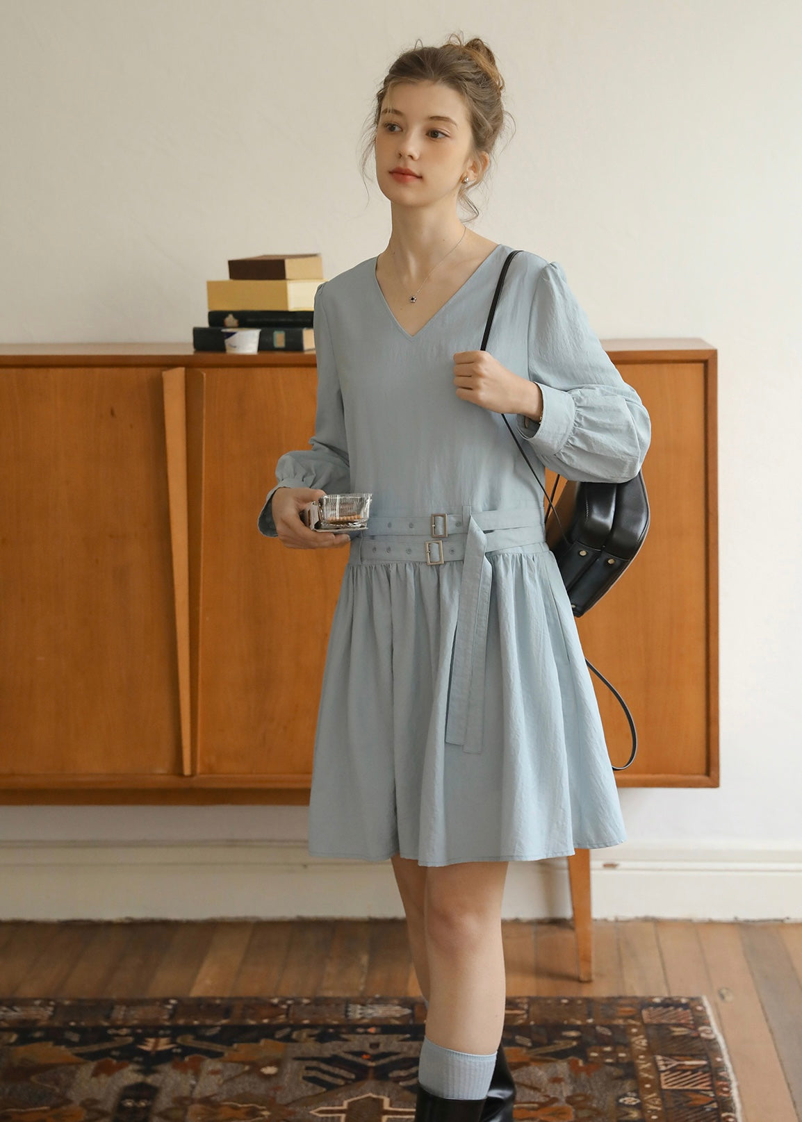 Soft Mist Belted Vintage Pastel Blue Dress