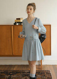 Soft Mist Belted Vintage Pastel Blue Dress