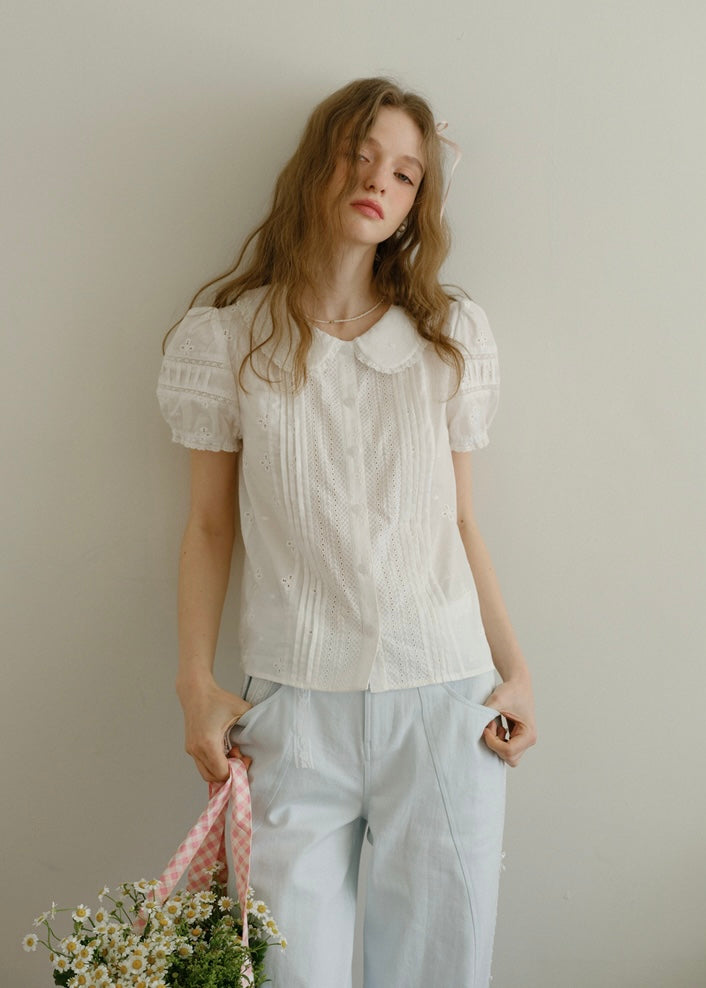 Evelyn Eyelet Blouse | Vintage White Cotton Shirt with Pintuck and Lace Collar