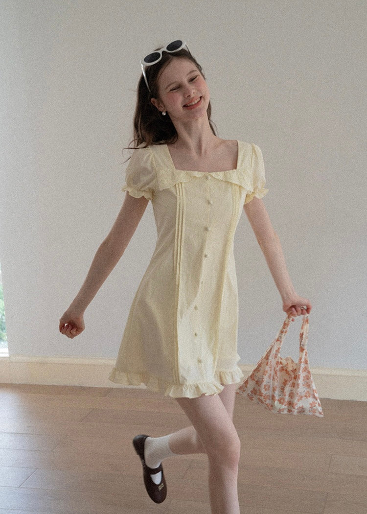 Lemon Meringue Soft Glow Vintage Puff Sleeve Mini Dress