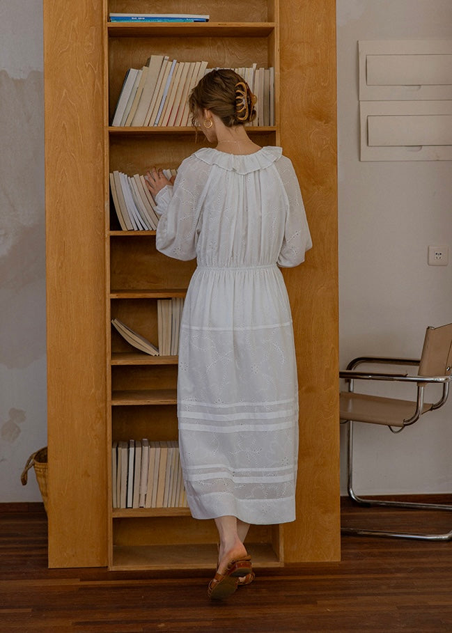 Evening Poem Ruffled White Lace & Navy Check Dress(2COROL)