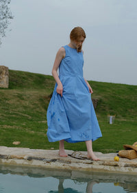 Sky Blue Sleeveless Cotton Summer Loose and Slim Dress