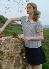 Blue Stripe Peter Pan Collar Puff Sleeve Blouse