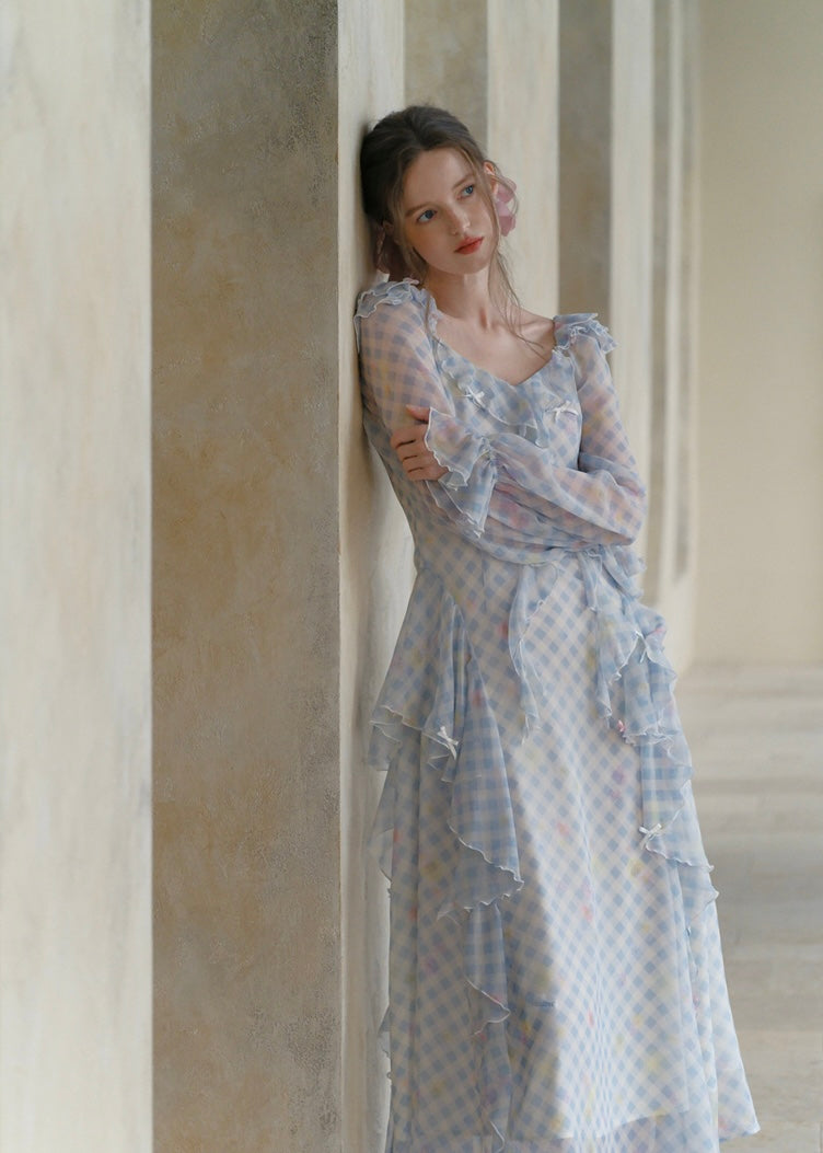 Pastel Ribbon Days Dress | Vintage Gingham Ruffle Long Dress