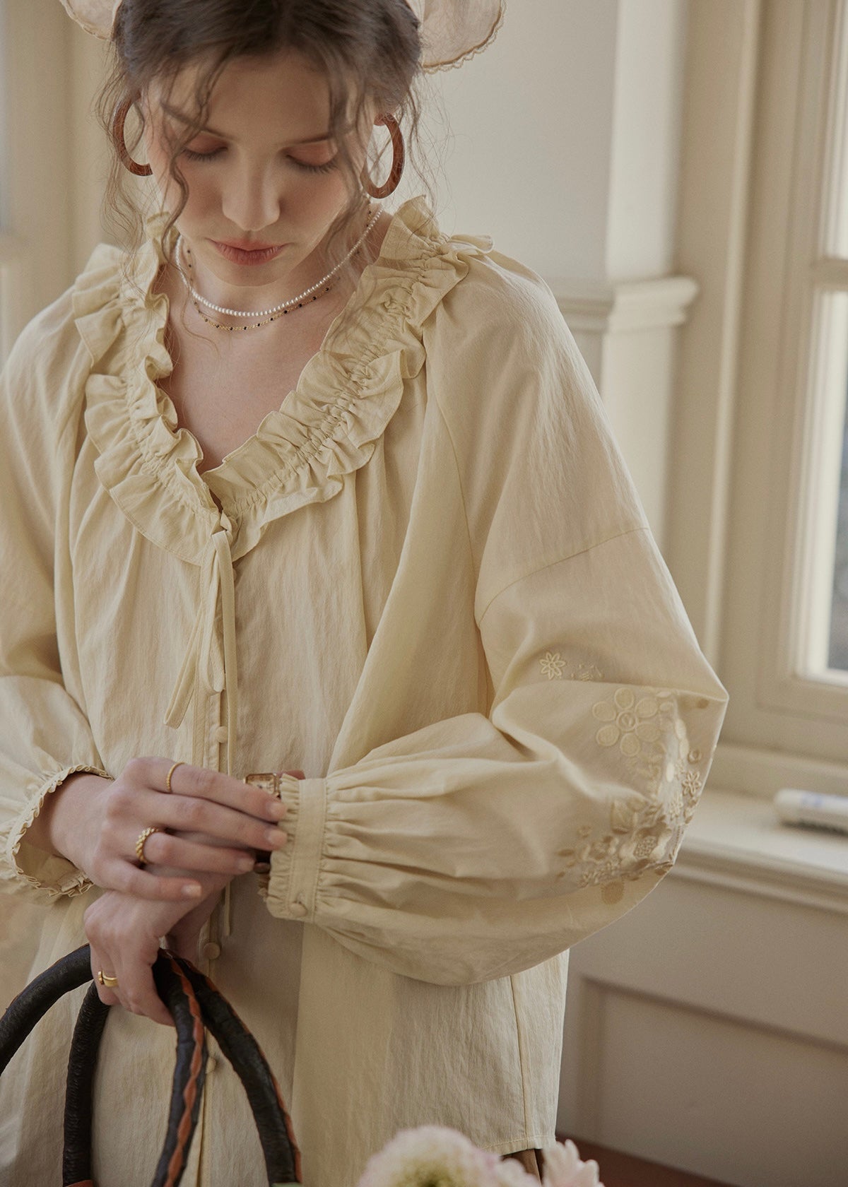 Buttercream Ruffle Embroidered Vintage Blouse