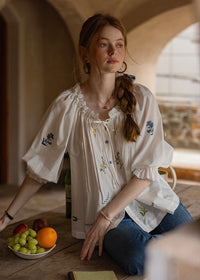 Meadow Poem Embroidered Blouse | Romantic Cotton Round Neck Shirt(2COLOR)