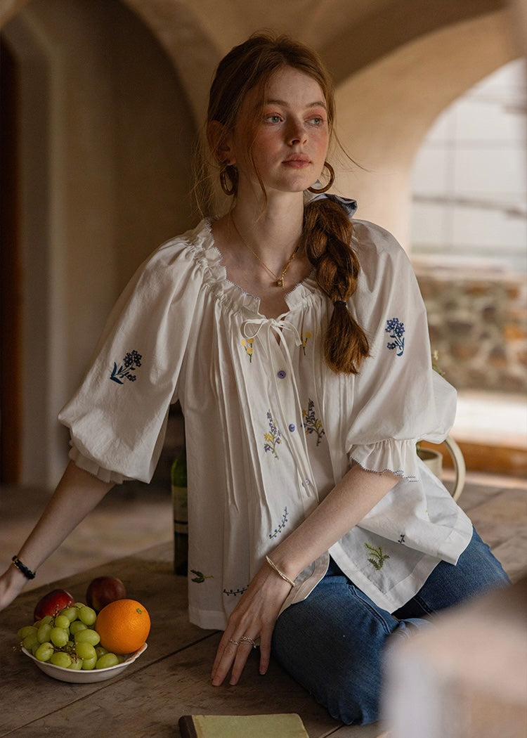 Meadow Poem Embroidered Blouse | Romantic Cotton Round Neck Shirt(2COLOR)