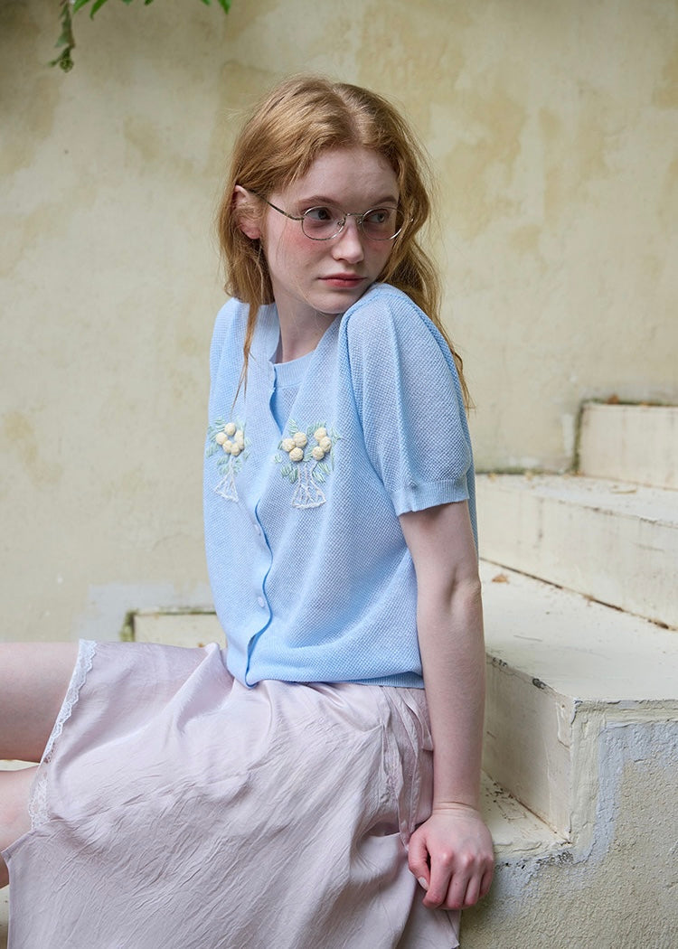 Lemon Letter Sky Knit Cardigan Blue Short Sleeve Knit Top