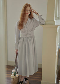 Buckled Waist Long Dress V-Neck A-Line Maxi Dress