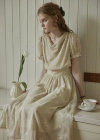 Aveline Draped Neck Floral Embroidered Dress