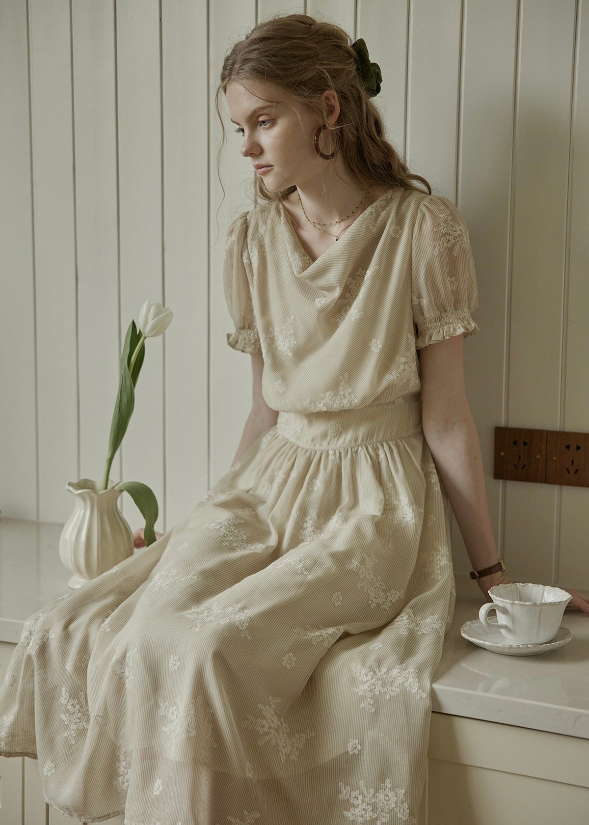 Aveline Draped Neck Floral Embroidered Dress