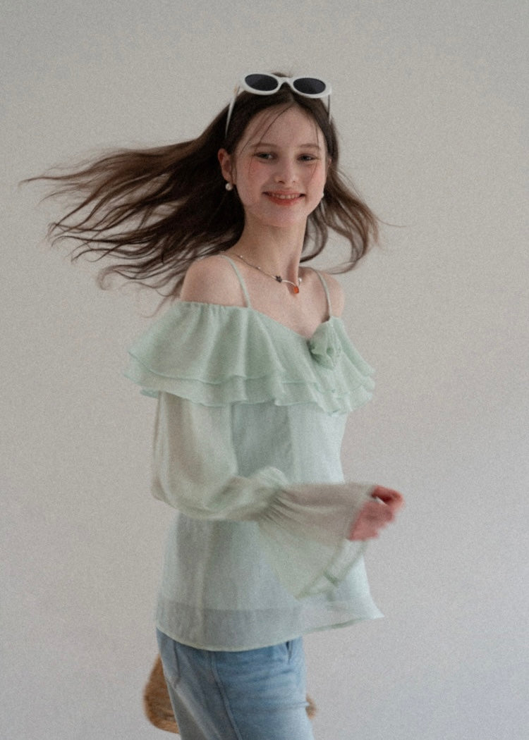 Lumière Mint Off-Shoulder Ruffle Blouse