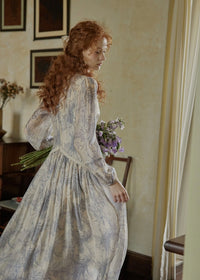 Ash Mist Blue Vintage Print Long Sleeve Dress