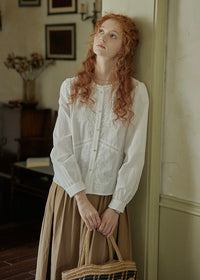 White Embroidered Vintage Long Sleeve Blouse