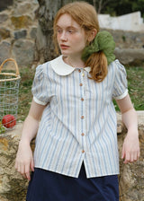 Blue Stripe Peter Pan Collar Puff Sleeve Blouse