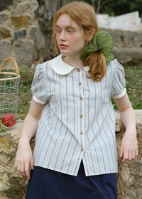 Blue Stripe Peter Pan Collar Puff Sleeve Blouse