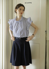 Celeste Stripe Frill Blouse | Blue Ruffle Neck Sleeveless Summer Top