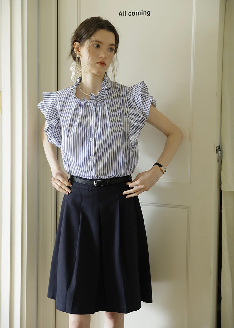 Celeste Stripe Frill Blouse | Blue Ruffle Neck Sleeveless Summer Top