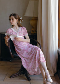 Strawberry Picnic Pink Gingham Floral Lace Dress