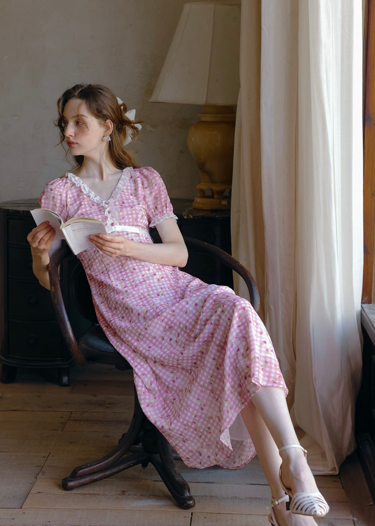 Strawberry Picnic Pink Gingham Floral Lace Dress
