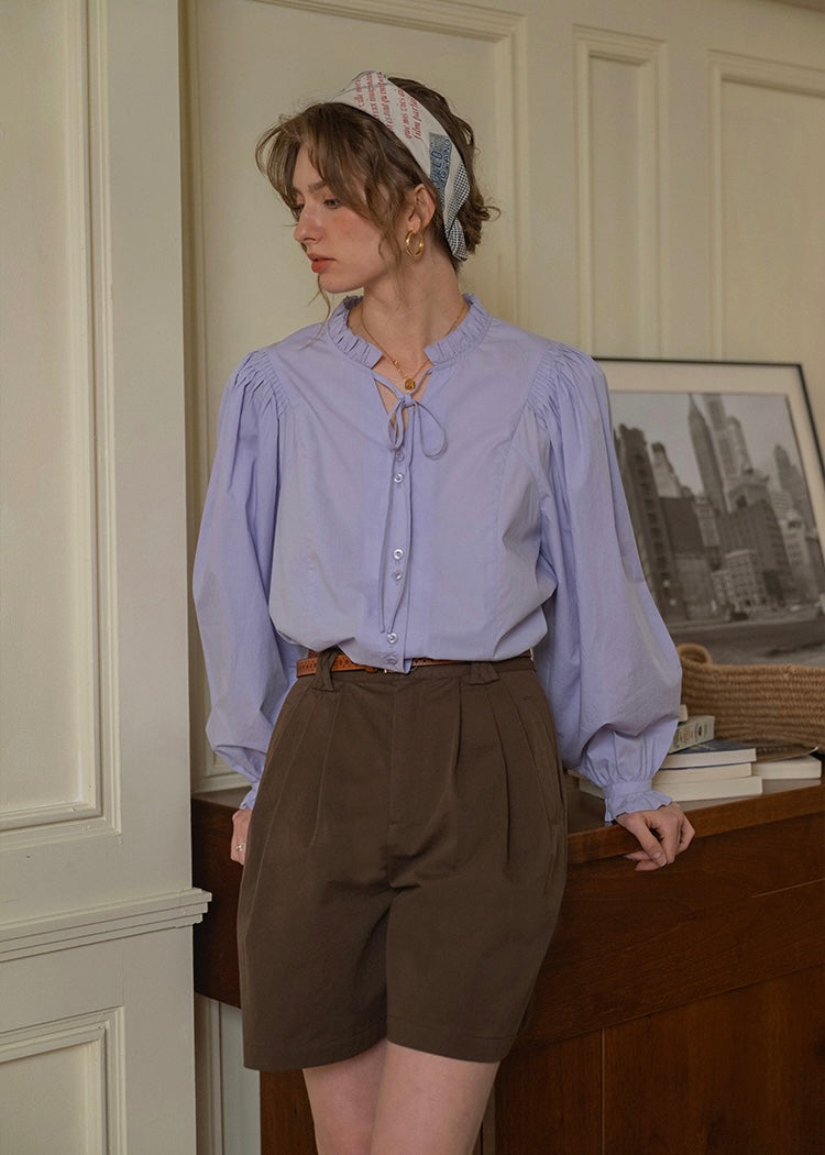 Romantic Collar Tie Soft Vintage Long Sleeve Blouse(2COLOR)