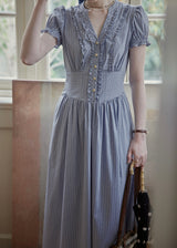 Blue Stripe Button Vintage Short Sleeve Dress