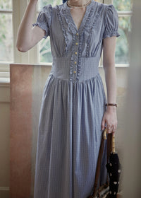 Blue Stripe Button Vintage Short Sleeve Dress